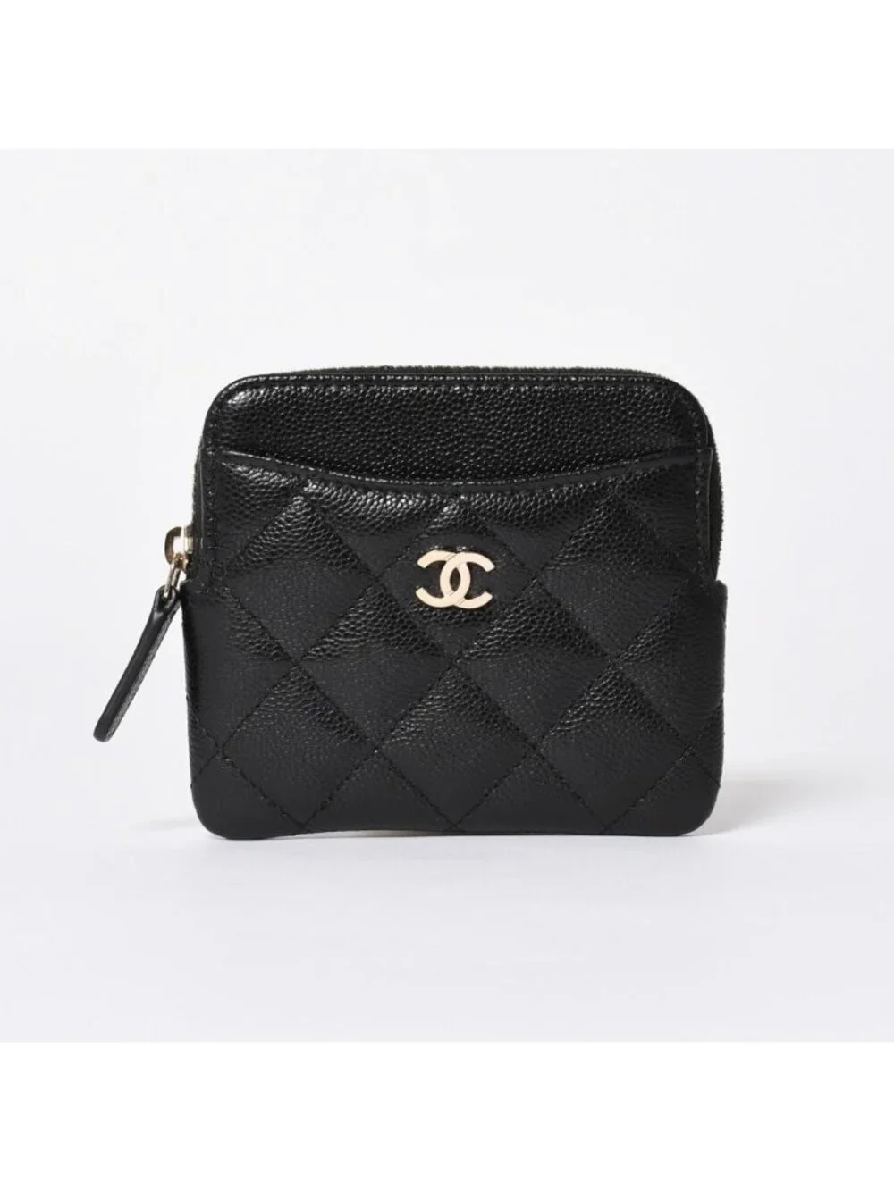 Chanel Classic Zip Coin Purse Stand CC Logo Caviar Leather Black Gold